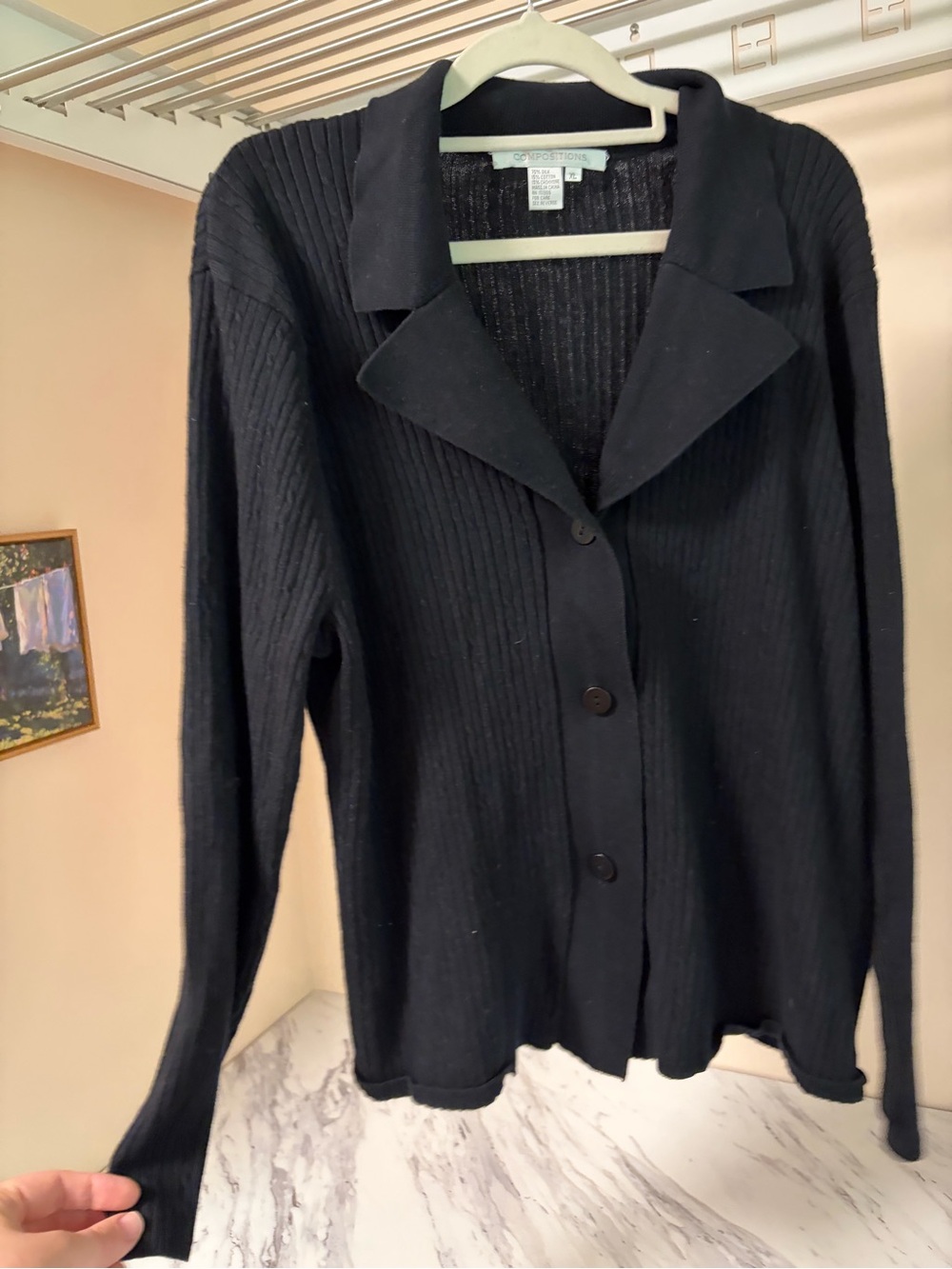 Compositions 70% Silk 15% Cashmere Black Ribbed Knit Cardigan Sweater Jacket XL